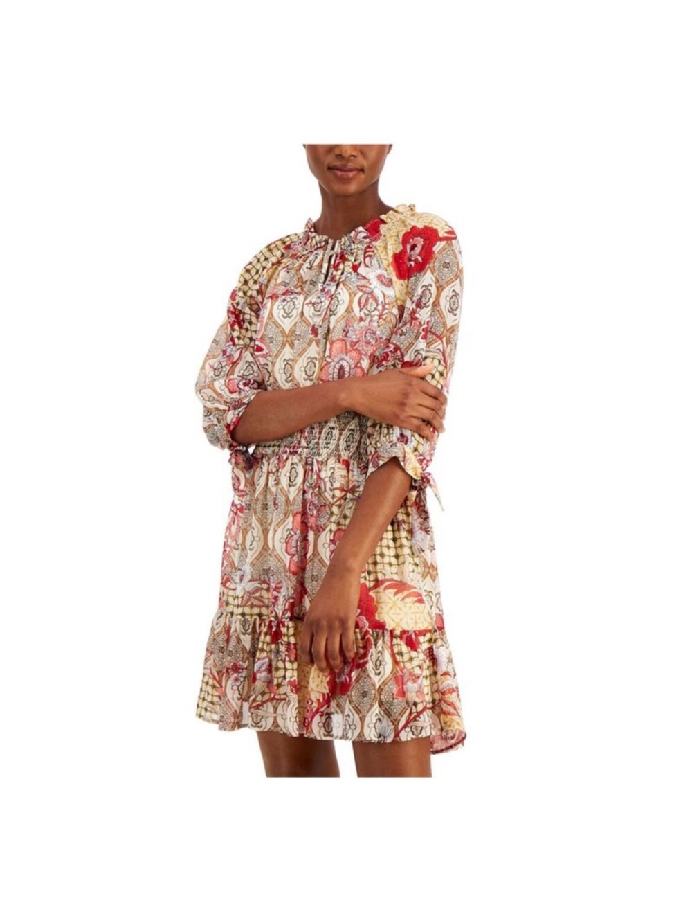 Tommy Hilfiger Red and Cream Paisley Tie-Neck Mini Dress